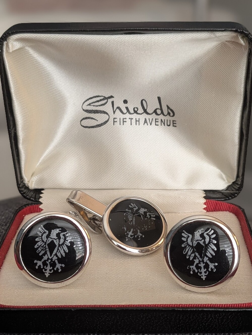 Vintage Shields Fifth Avenue Cufflinks & Tie Clip Set Black Eagle Original Box